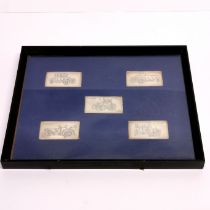 A framed set of five hallmarked silver motor car ingots, frame size 27 x 22cm.