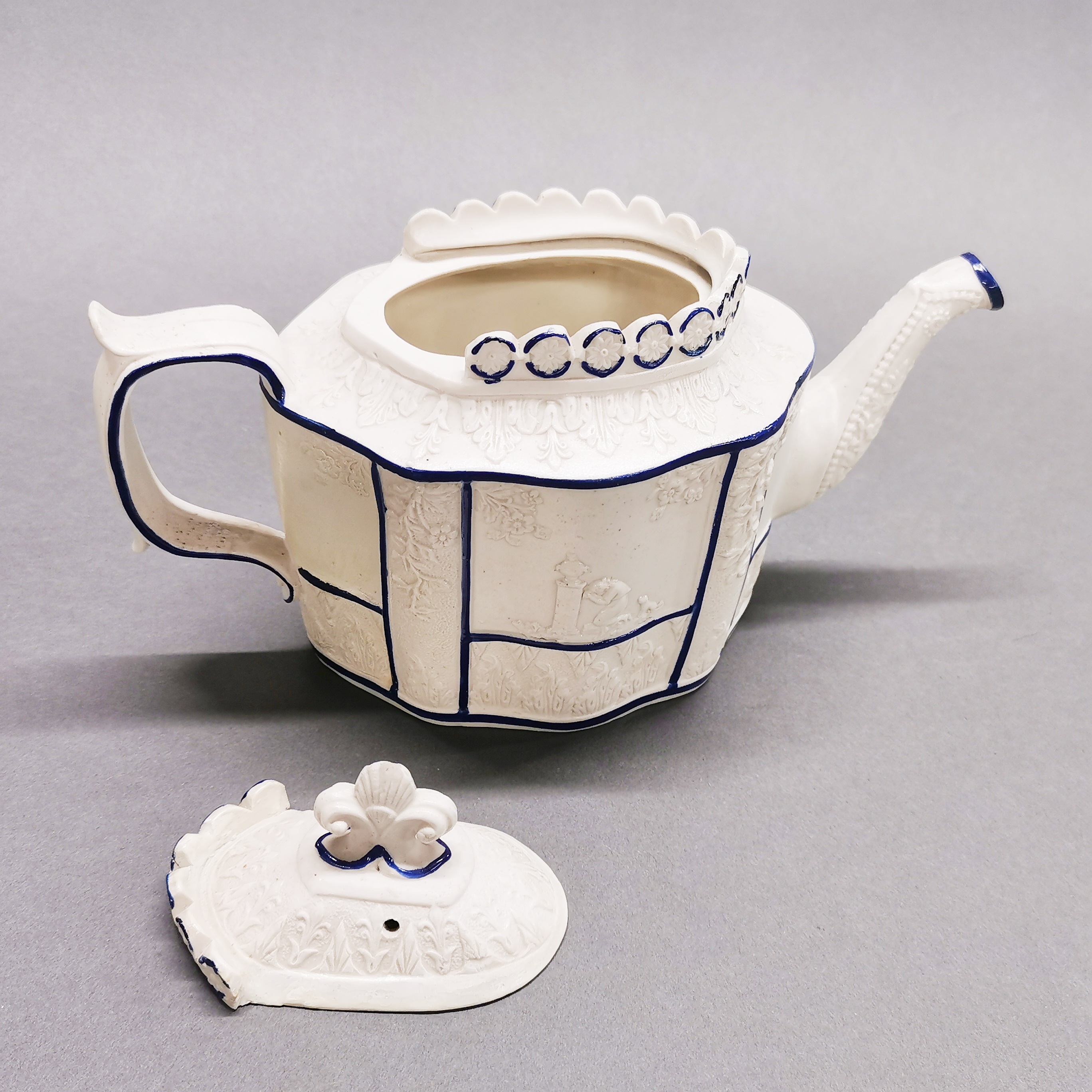 An early 19thC three piece tea set in classical design, tea pot H. 16cm. Stud repair to jug handle - Image 6 of 7