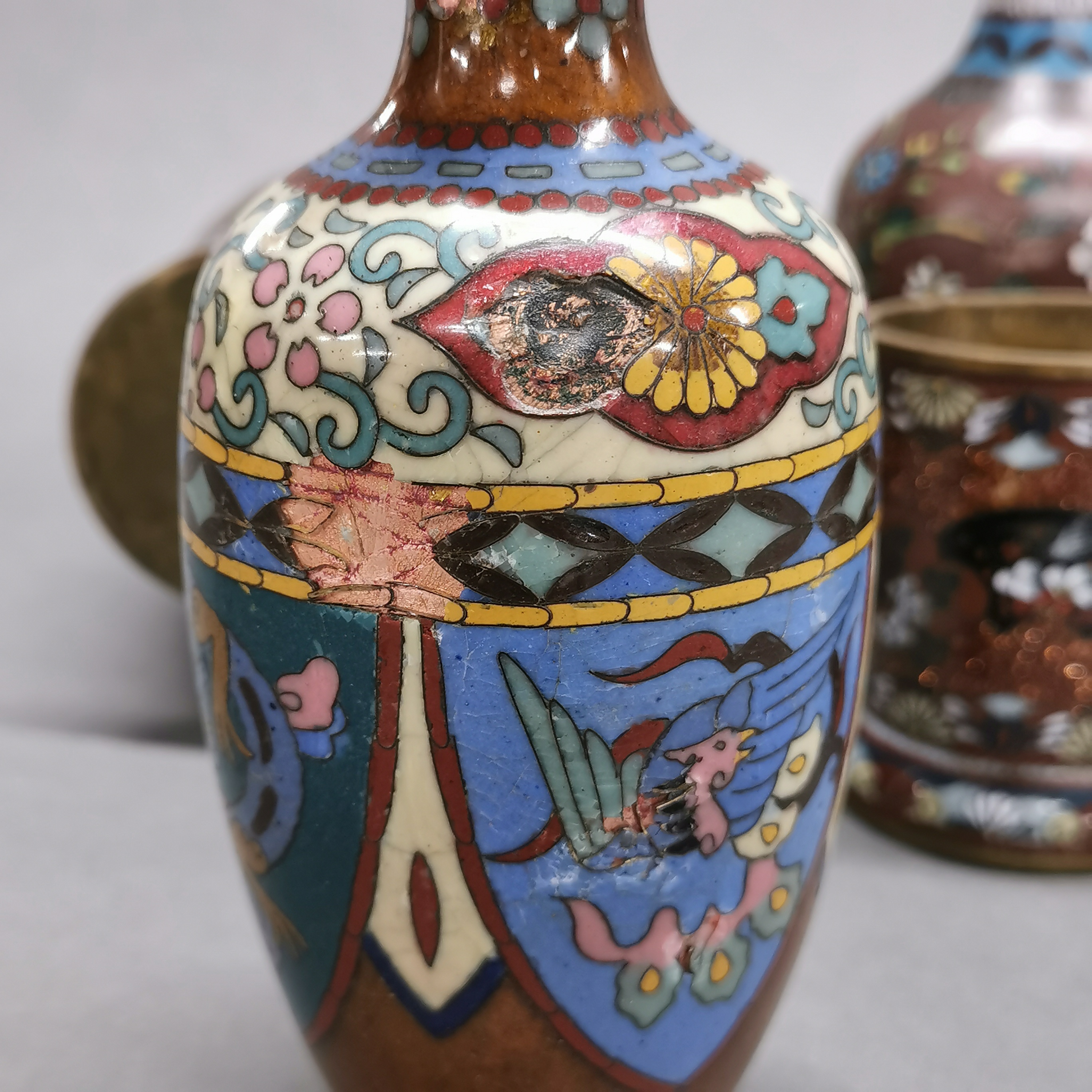 A group of 19thC Japanese cloisonne vases, tallest. 23cm A/F to some. - Image 4 of 4