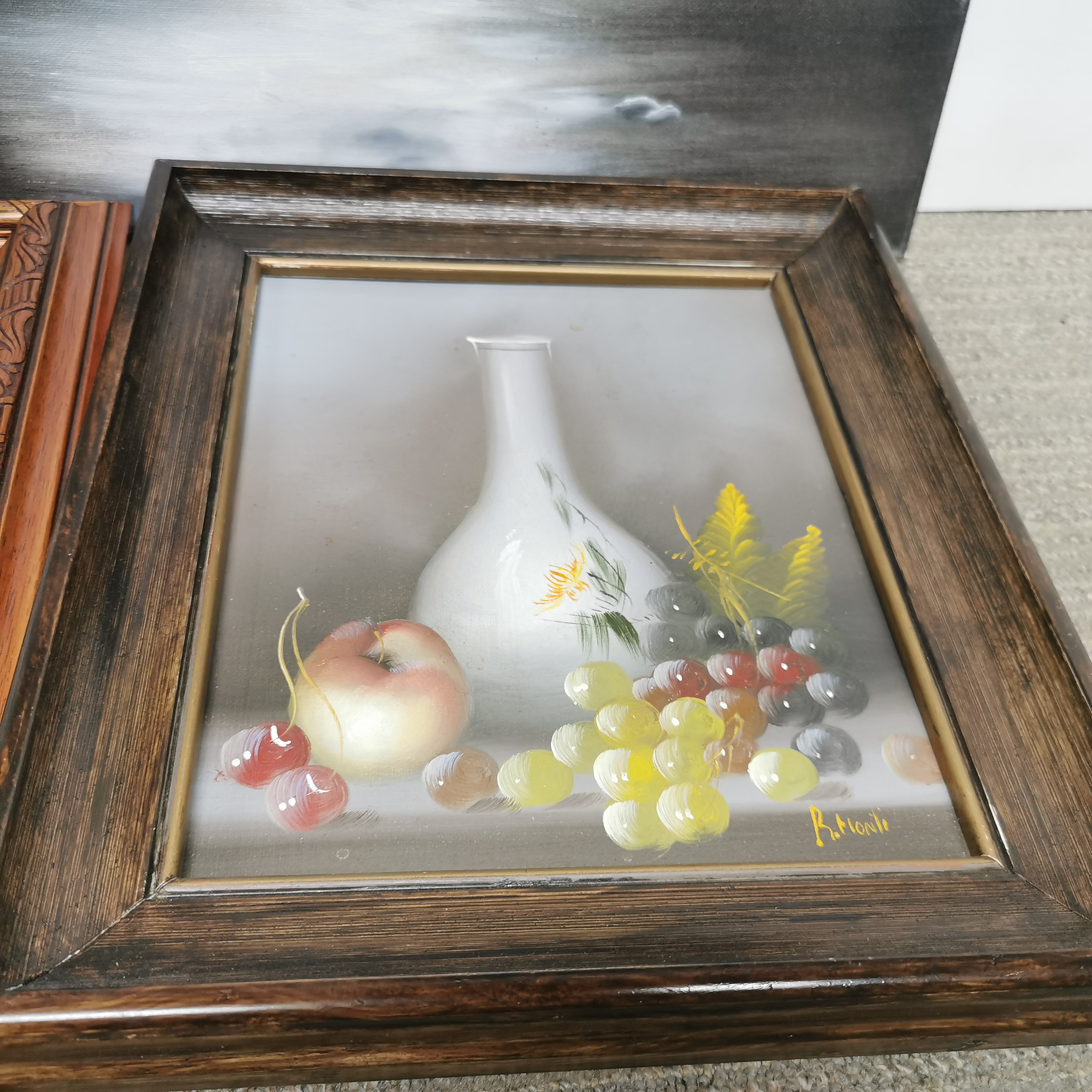 A pair of 1920's framed oils on canvas, still life fruit, 69 x 38cm, together with three further - Image 4 of 4