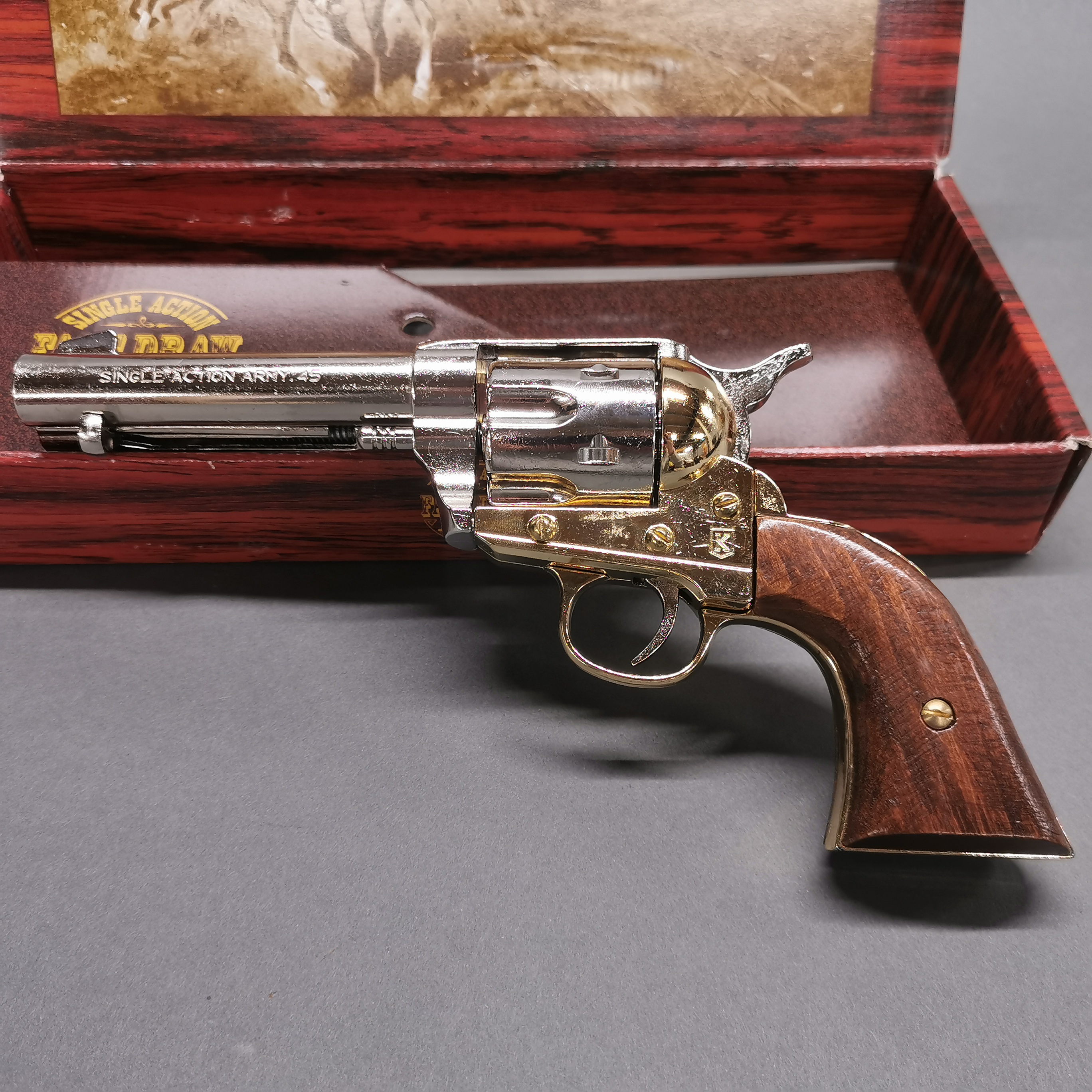 A boxed working action two tone inert retrospective copy of a colt single action army revolver, full - Image 2 of 4