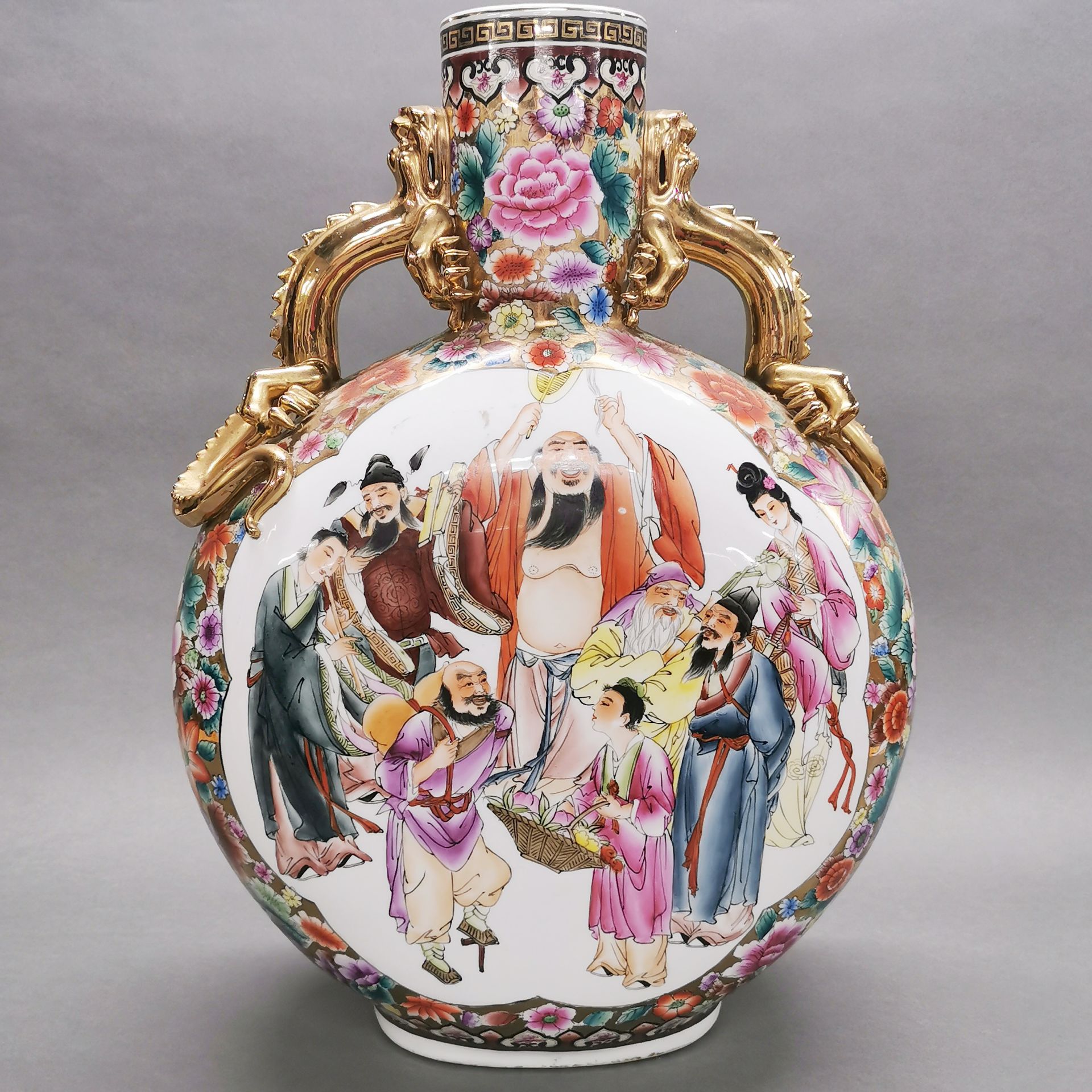 A very large Chinese hand painted porcelain and gilt moon vase, H. 60cm. - Image 2 of 4
