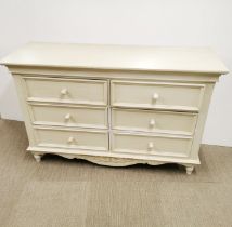 Two large painted chests of drawers and a two drawer bedside cabinet, largest 140 x 90 x 48cm.