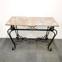An interesting vintage wrought metal display stand and matching marble topped table and four