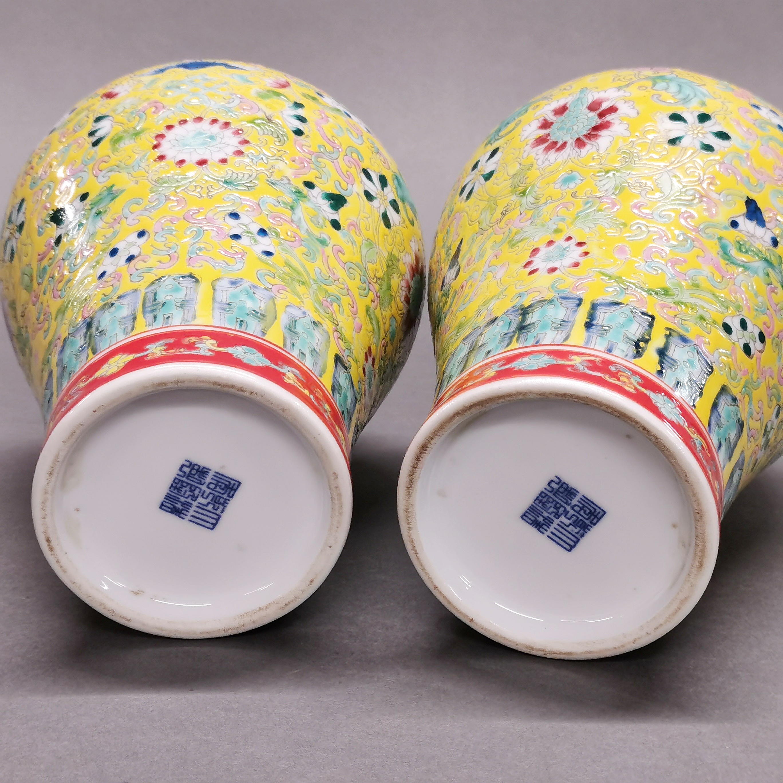 A pair of Chinese hand enamelled porcelain vases, H 20cm. - Image 3 of 3