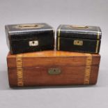 An Edwardian inlaid mahogany veneered writing slope, 30 x 19 x 11cm. Together with two antique