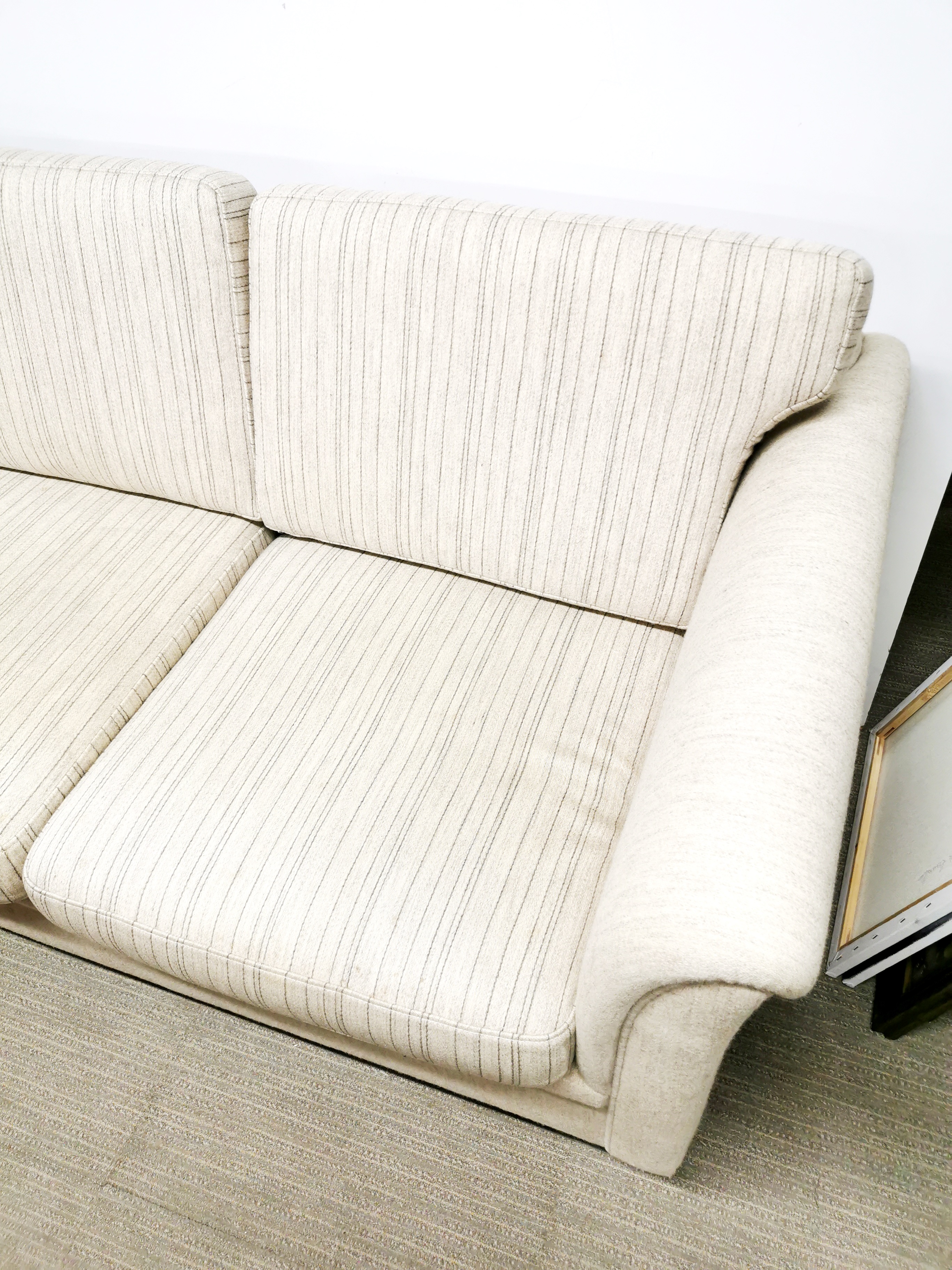 A 1970's Danish Borge Morgensen design three seat sofa upholstered in fine wool grey stripe and - Image 2 of 5