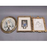 A 19thC gilt framed Baxter print of the Holy family. With a framed needle point and pencil sketch,