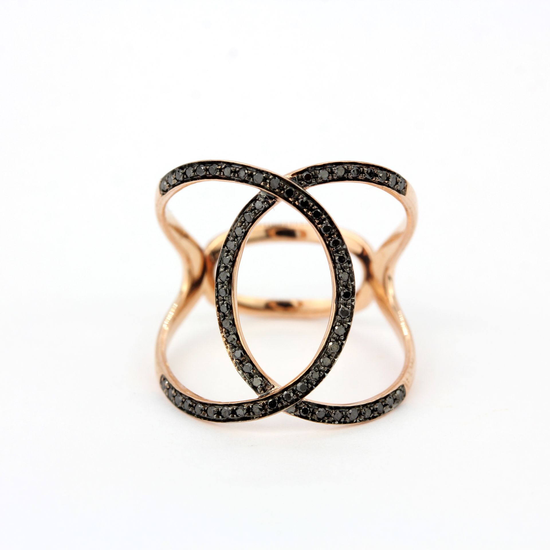 A 9ct rose gold ring set with brilliant cut fancy black diamonds, ring size N.5. - Image 2 of 3