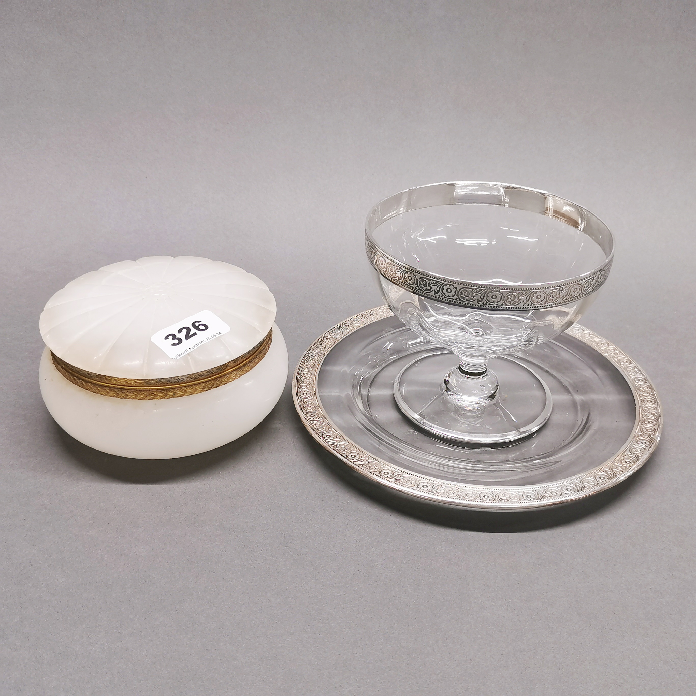 Two silver rimmed glass items, largest dia 22cm. Together with a gilt mounted alabaster box.