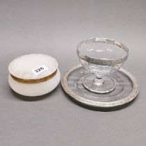 Two silver rimmed glass items, largest dia 22cm. Together with a gilt mounted alabaster box.