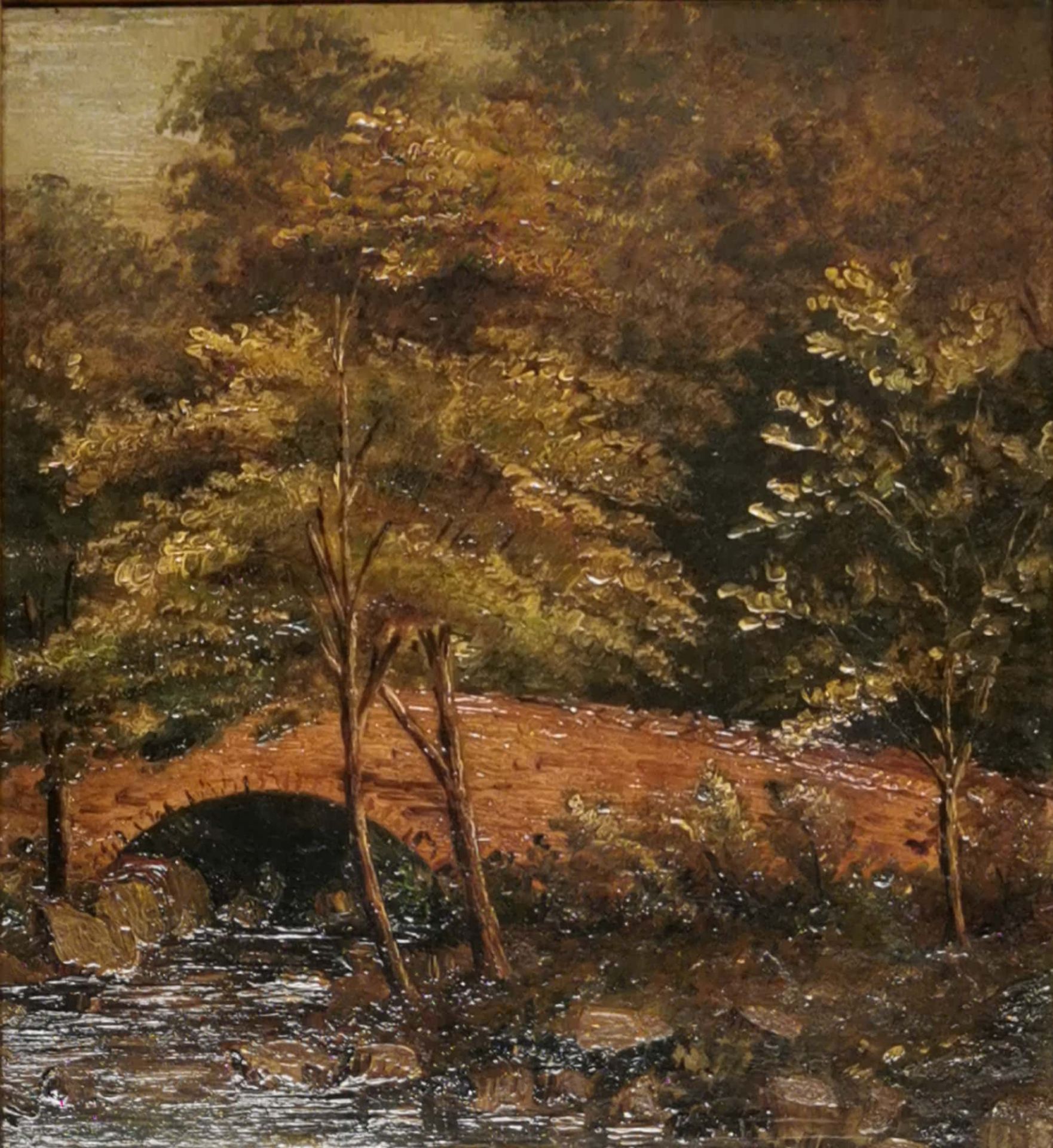 A gilt framed oil on artist board of a bridge, frame size. 35 x 40cm. - Image 2 of 3