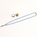 Two small 9ct gold rings and a 9ct gold crystal necklace.