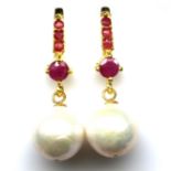 A pair of gold on 925 silver drop earrings set with rubies and pearls, L. 3.2cm.
