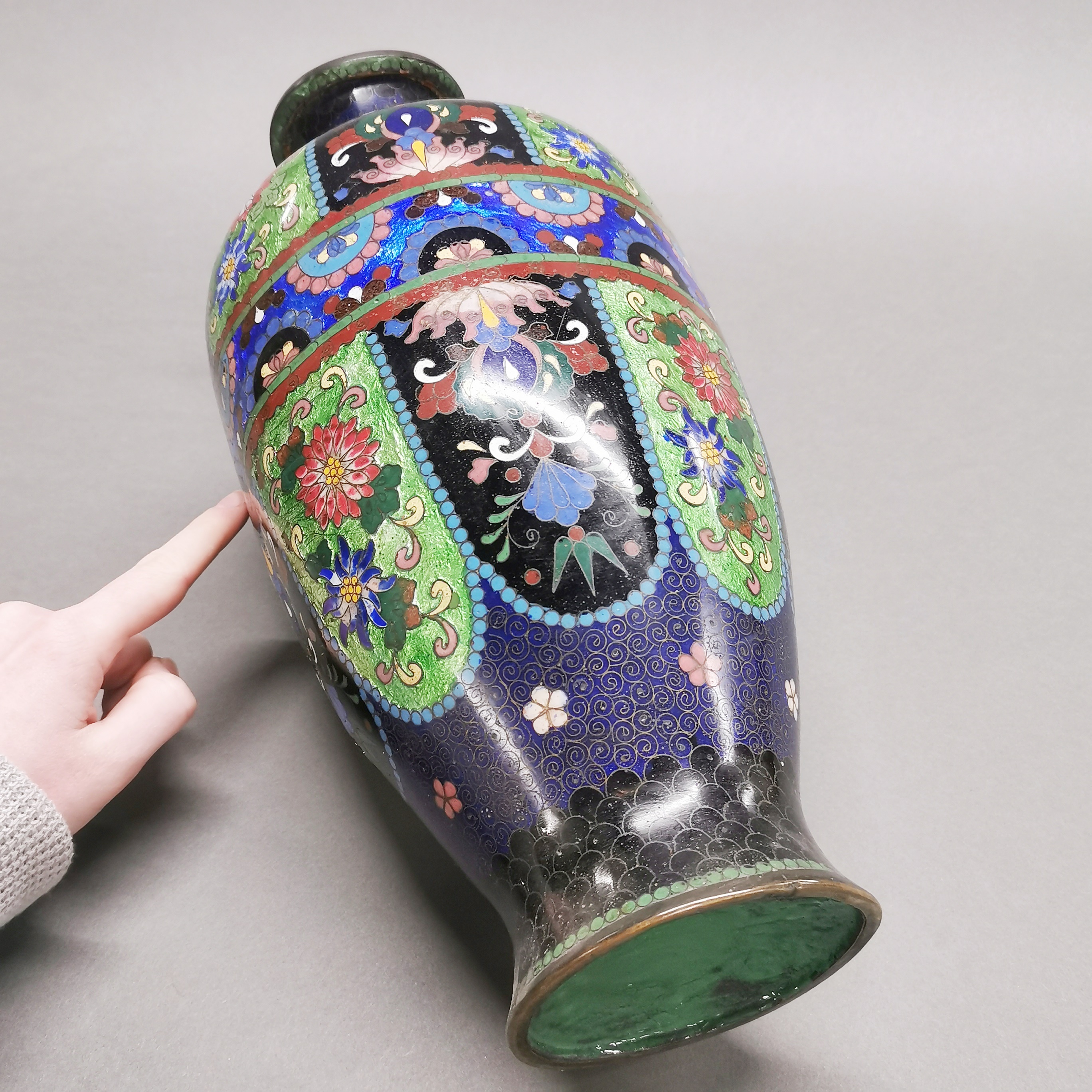 A large 19thC Japanese cloisonne vase, H. 42cm. (A/F) - Image 3 of 4