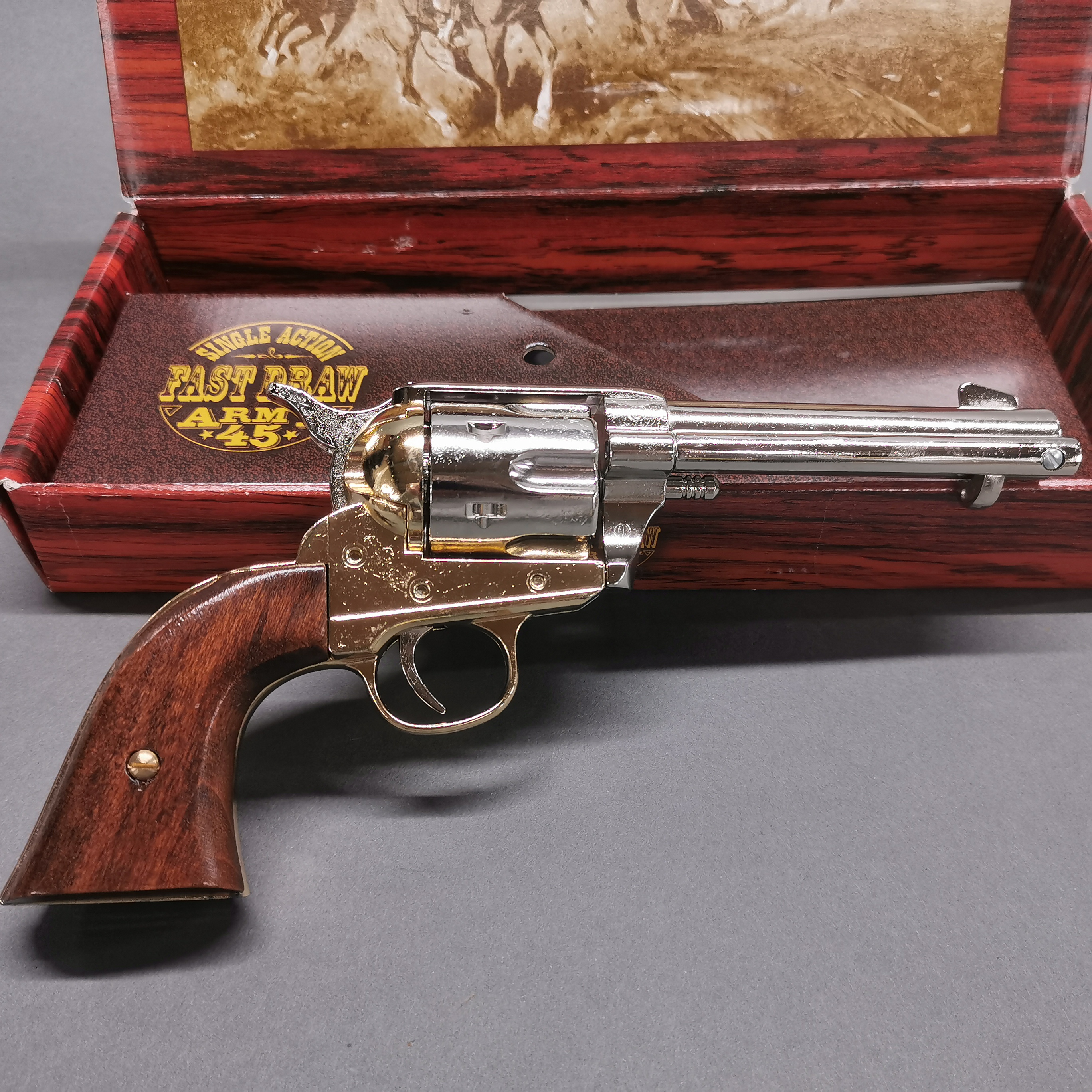 A boxed working action two tone inert retrospective copy of a colt single action army revolver, full - Image 3 of 4