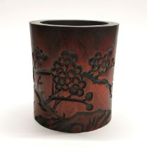 A Chinese carved wooden brush pot, H. 16cm, Dia. 14cm.
