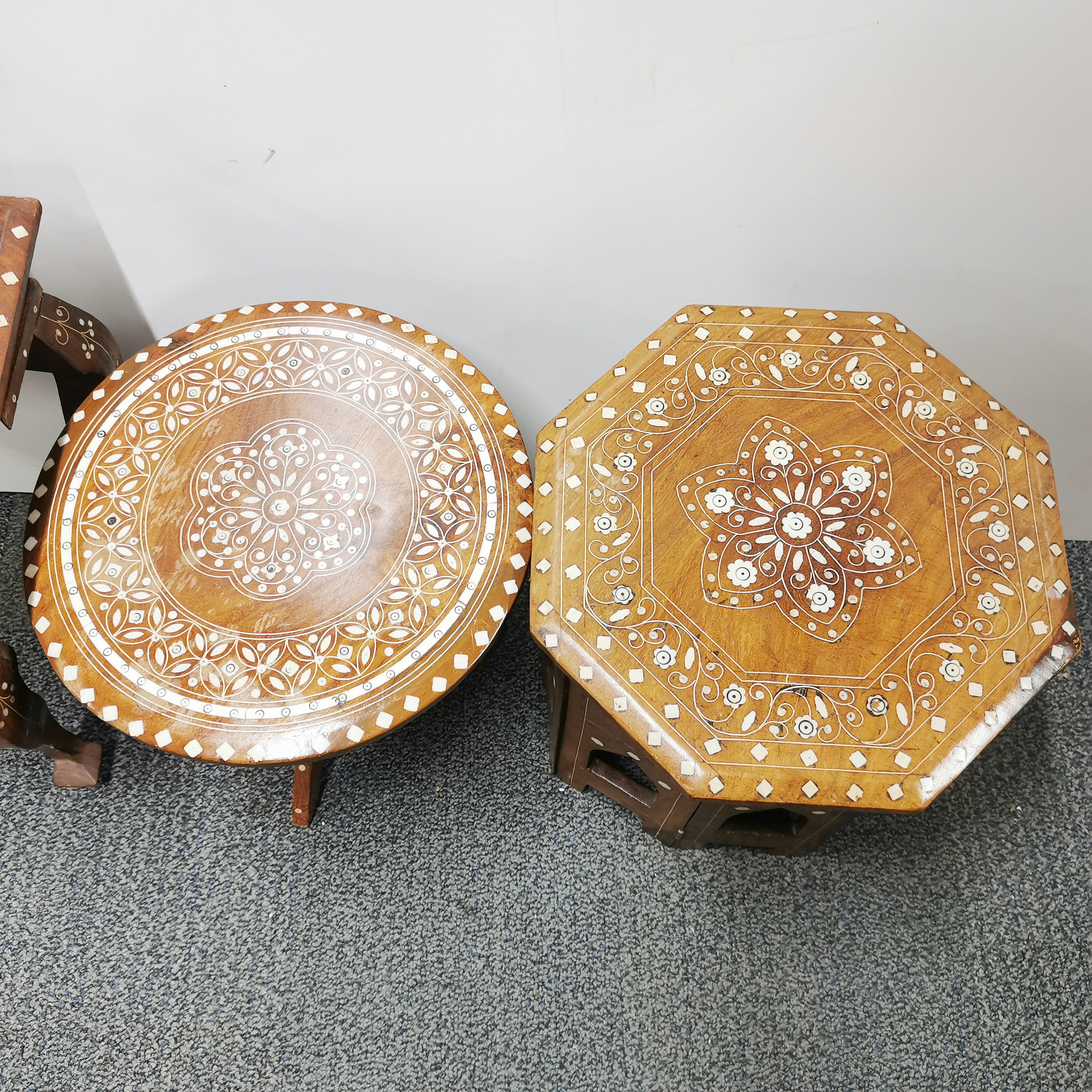 A group of Indian inlaid tables and puzzle bowl stands, largest table 30 x 50 x 38cm. - Image 2 of 4