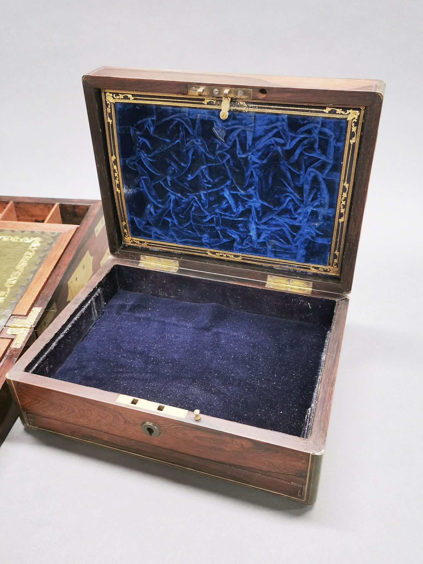 A brass bound mahogany writing slope with a 19thC brass bound rosewood veneered box with secret - Image 3 of 6