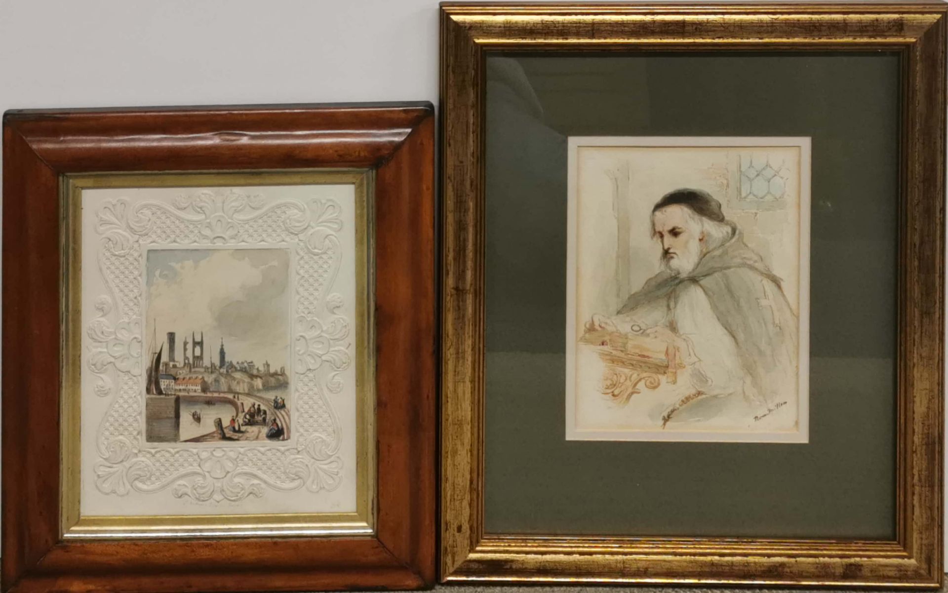 A gilt framed watercolour of a Religious scholar signed Rosa. M. Ria c.1870. Frame size 34 x 40cm.