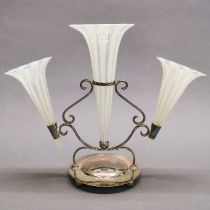 A silver plated three branch epergne with vaseline glass flutes, H. 27cm.