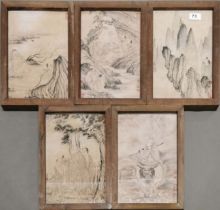 A group of five Chinese framed pictures of scholars, 24 x 33cm.