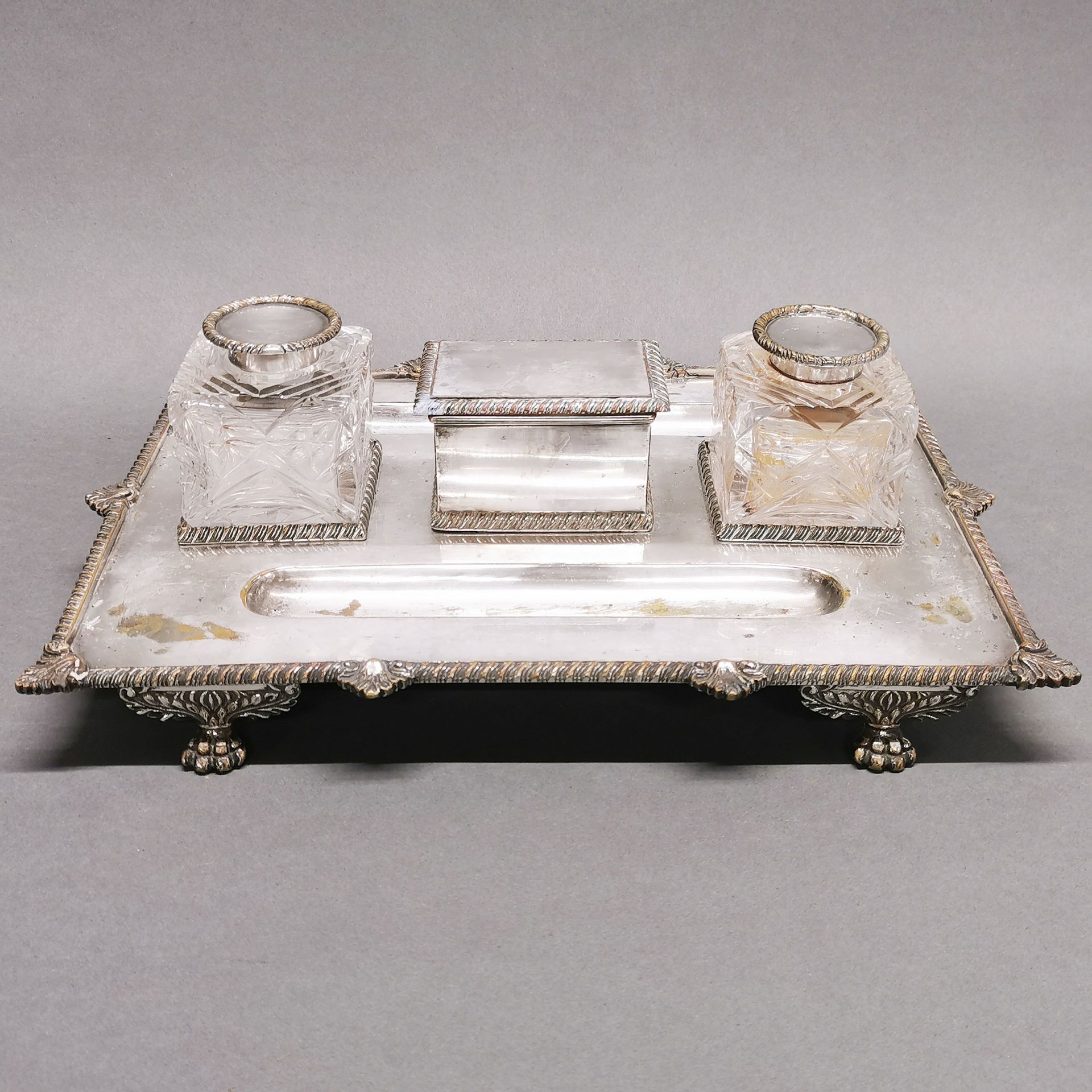 A 19th century silver plated and cut crystal desk stand, 35 x 25cm.