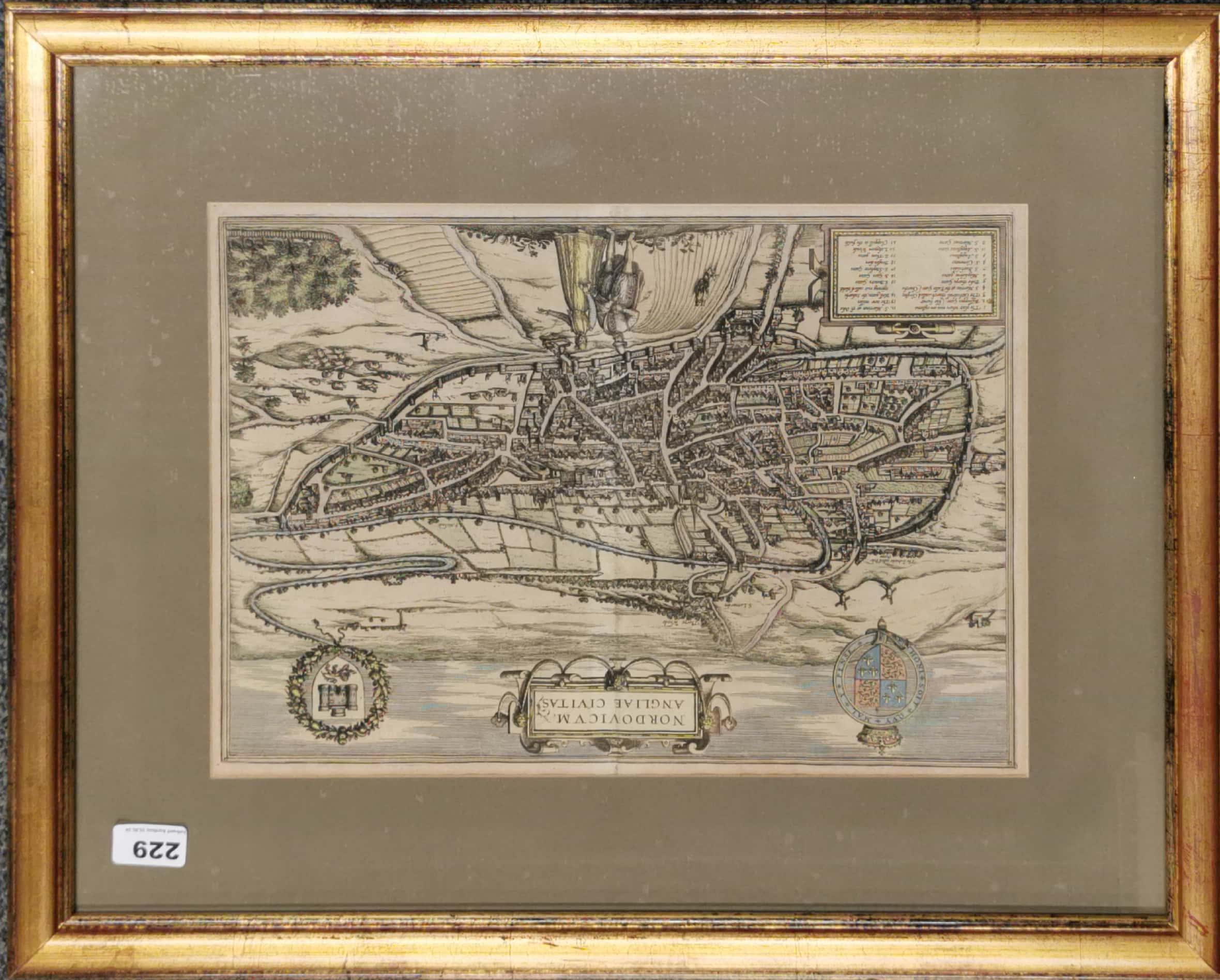 A framed engraved Plan of Norwich circa. 1582, frame size. 64 x 52cm.