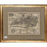 A framed engraved Plan of Norwich circa. 1582, frame size. 64 x 52cm.