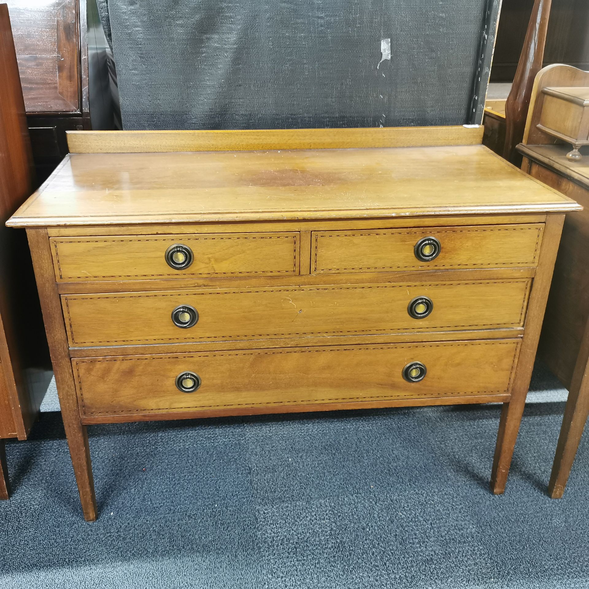 An inlaid mahogany six drawer dressing table and mirrors, overall 170 x 112 x 48cm, together with an