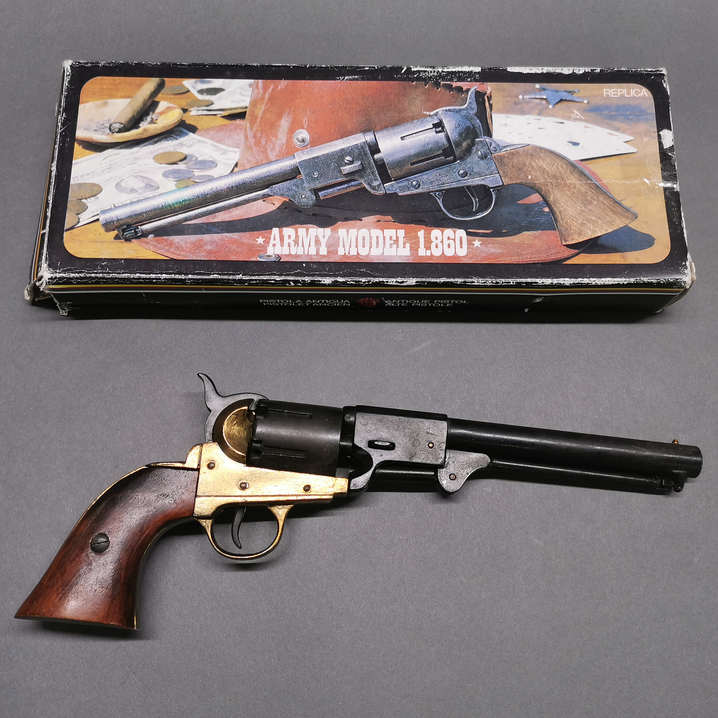 A vintage working action inert copy of a colt army 1860 revolver, full weight and size in original - Image 3 of 3