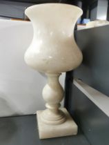A 1920's polished alabaster table lamp and shade, H. 33cm.
