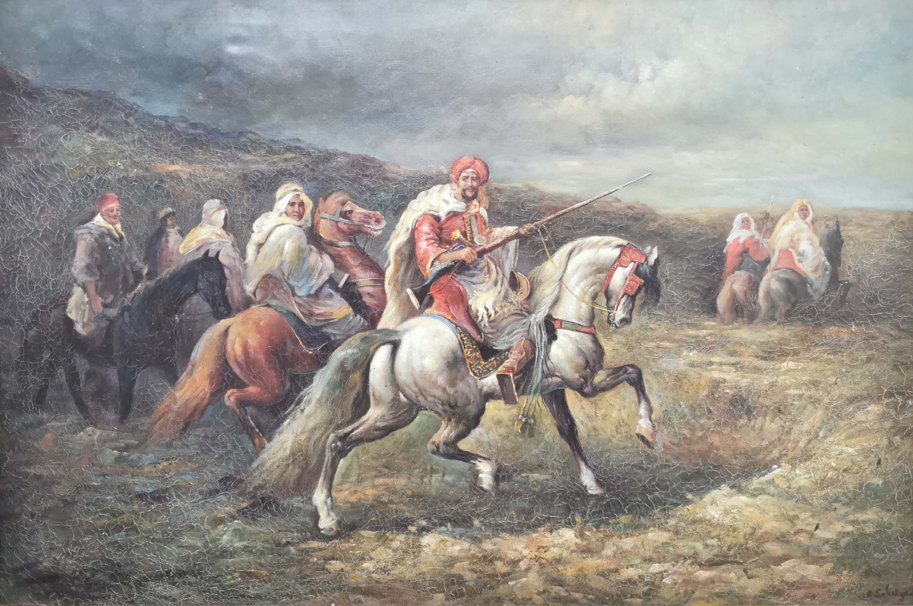 A large gilt framed oil on canvas of Arab horsemen, after D. Salanger, frame size 115 x 87cm. - Image 2 of 5