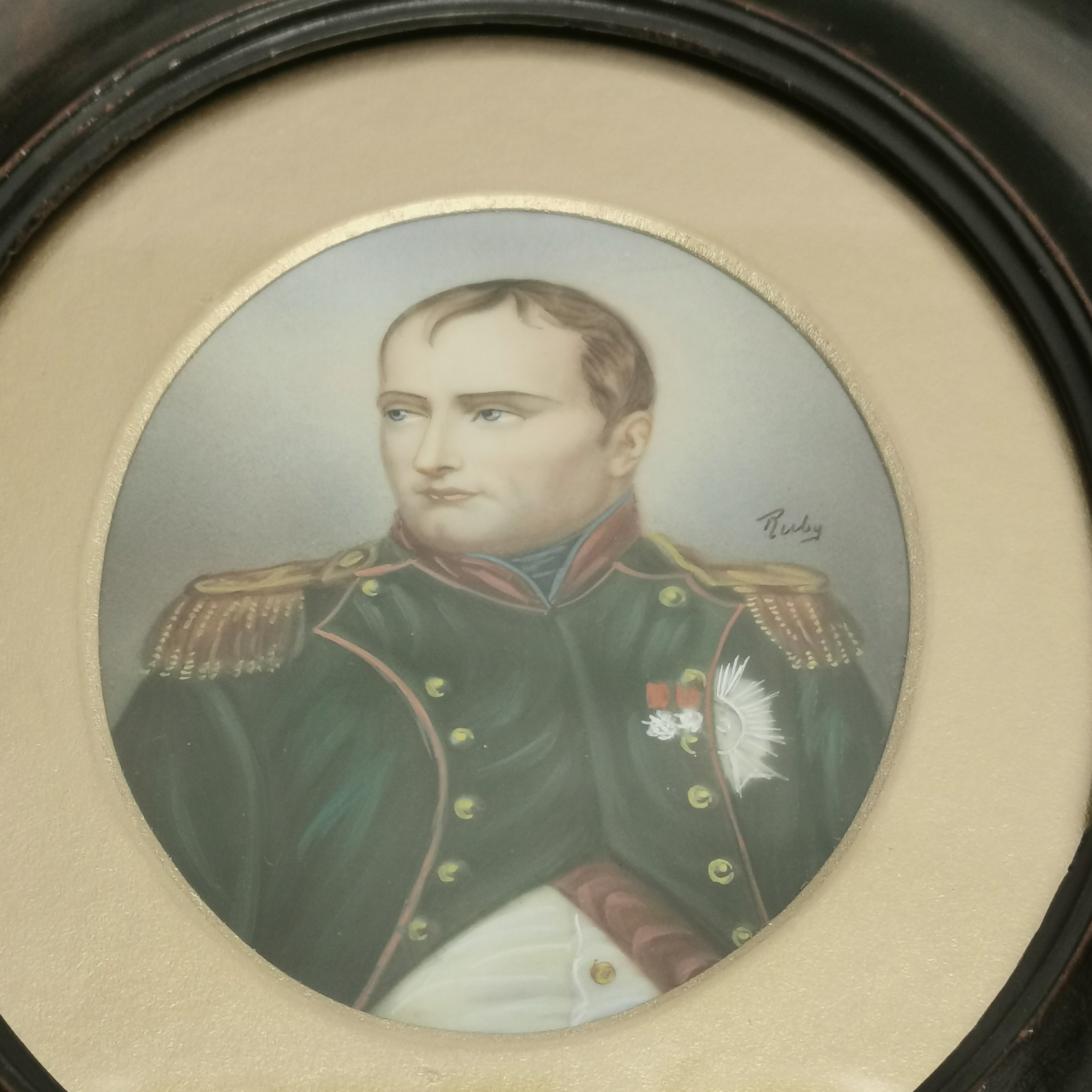 A framed hand painted portrait miniature of Napoleon Bonaparte, signed 'Ruby', frame H. 22cm. - Image 2 of 3