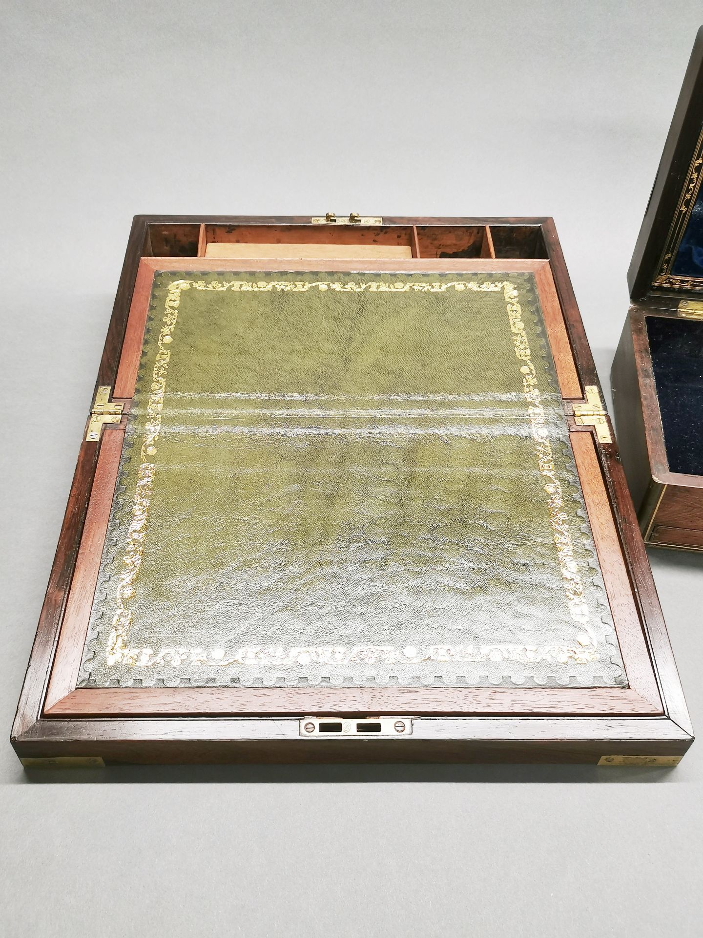 A brass bound mahogany writing slope with a 19thC brass bound rosewood veneered box with secret - Image 2 of 6