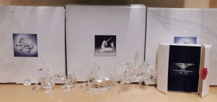 Three boxed Swarovski crystal figures with "Fabulous creatures" 1996 - 1998 plaque, tallest. 12cm.