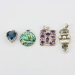 Four 925 silver and gemstone pendants.