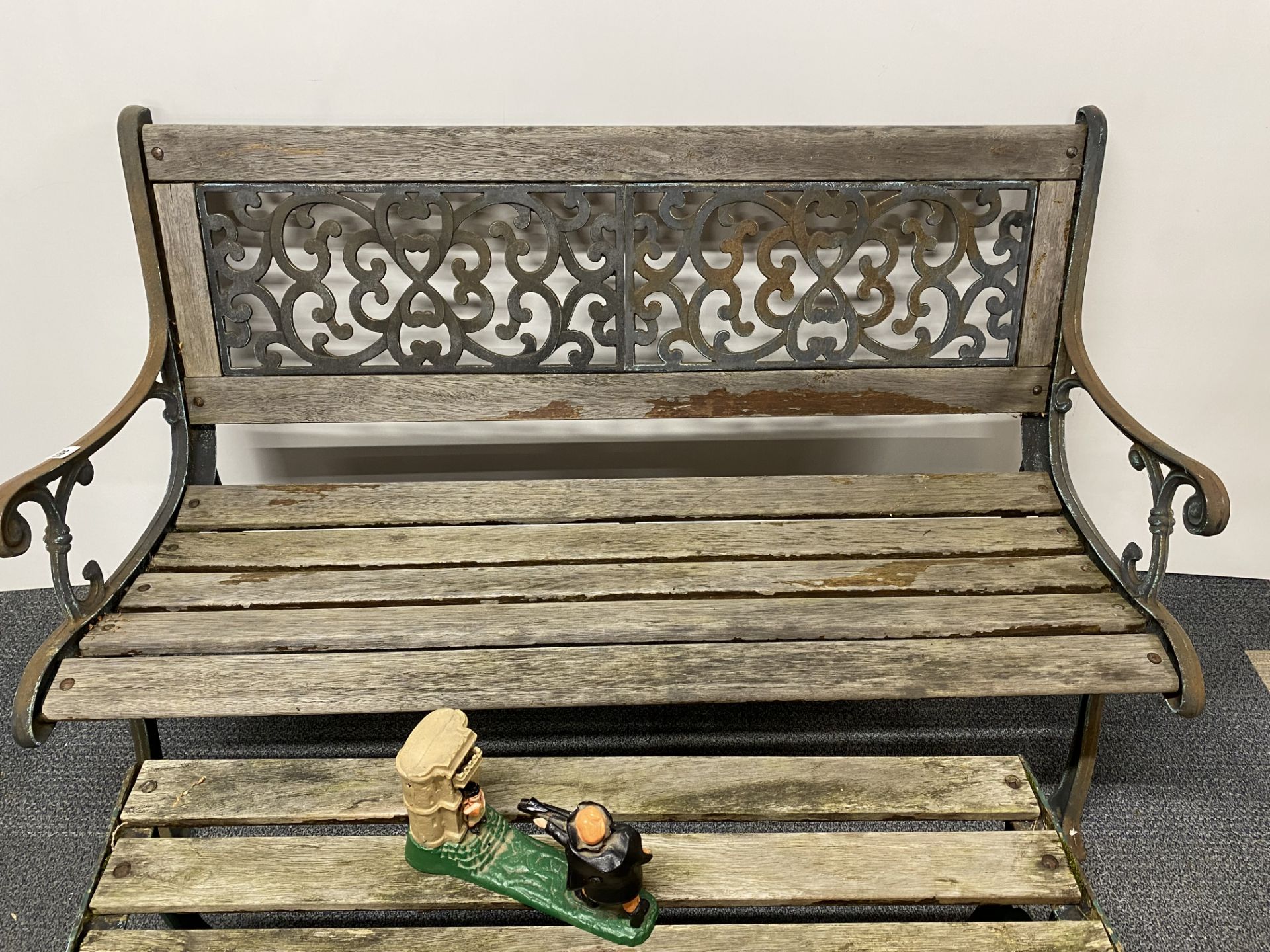 An old cast iron garden bench and table, bench W. 127cm, together with a cast iron William Tell - Image 2 of 3