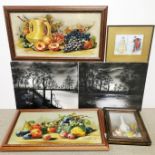 A pair of 1920's framed oils on canvas, still life fruit, 69 x 38cm, together with three further