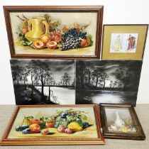 A pair of 1920's framed oils on canvas, still life fruit, 69 x 38cm, together with three further