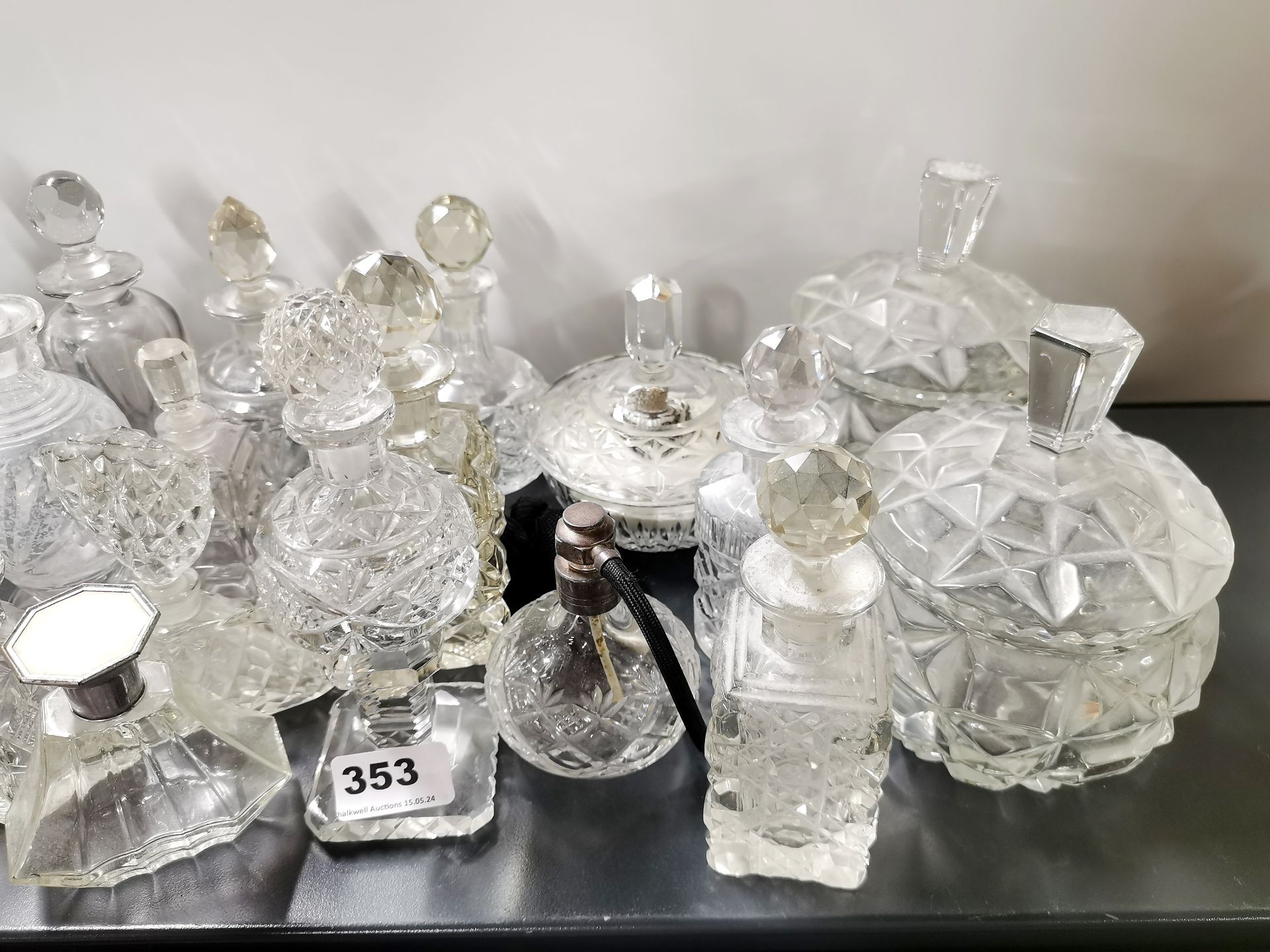 An extensive collection of cut glass perfume bottles and dressing table items, tallest 18cm. - Image 2 of 3