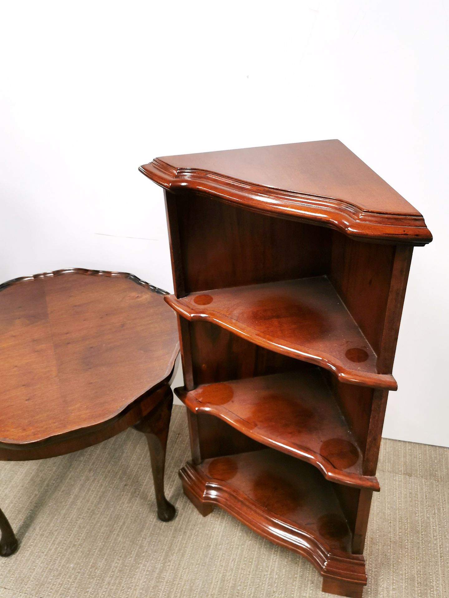 A mahogany ball and claw foot wine table, together with small side table and two corner shelves. - Image 3 of 3