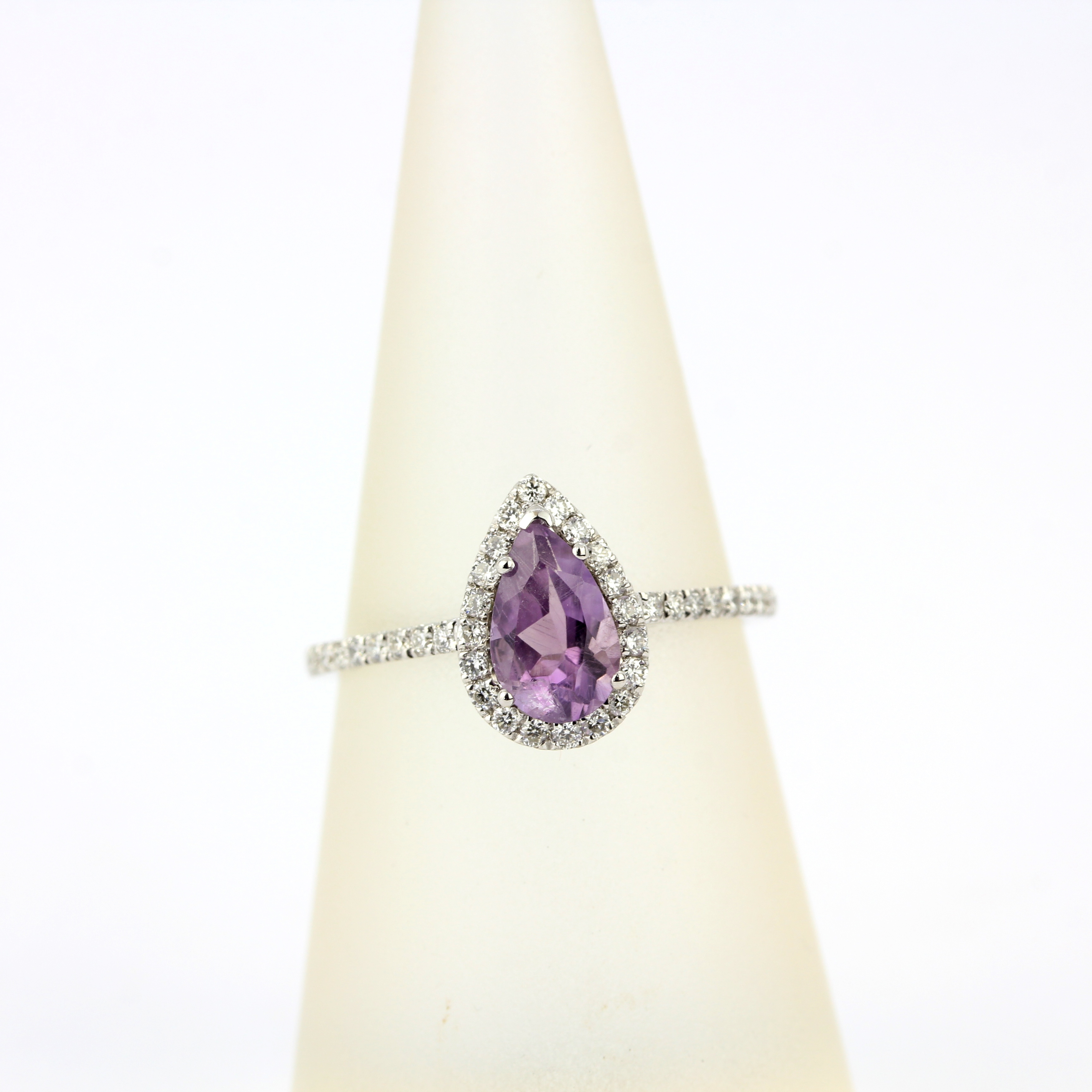 A 9ct white gold ring set with a pear cut amethyst and diamonds, ring size N. - Image 3 of 3