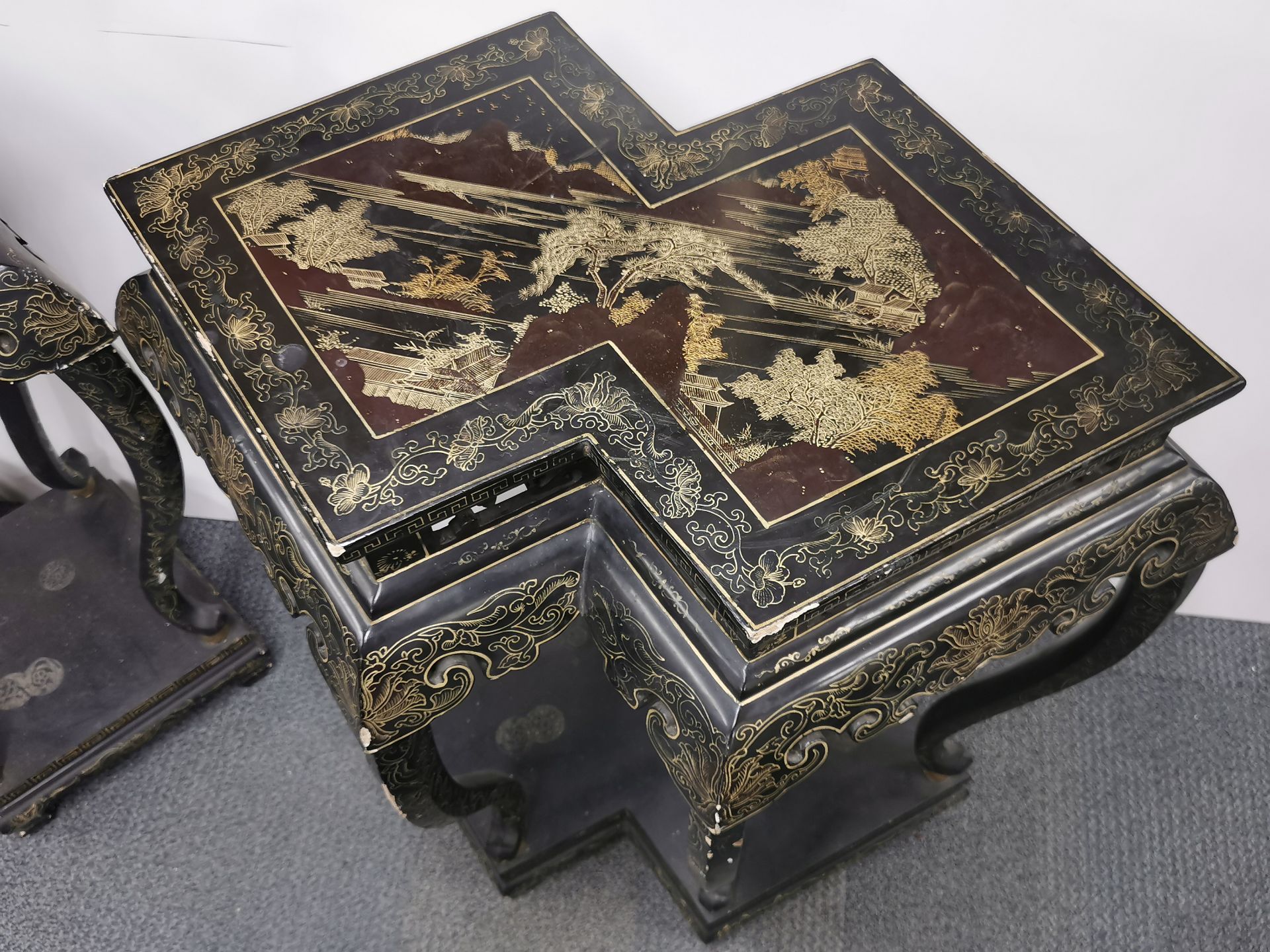 A pair of interesting Chinese lacquered carved wood stands, W. 86cm, H. 90cm. - Image 3 of 4