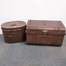 A painted metal hat box and a metal trunk, trunk size 55 x 36 x 33cm.