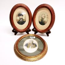 Three framed oval 19thC tinted engravings of naval officers, largest H. 29cm.