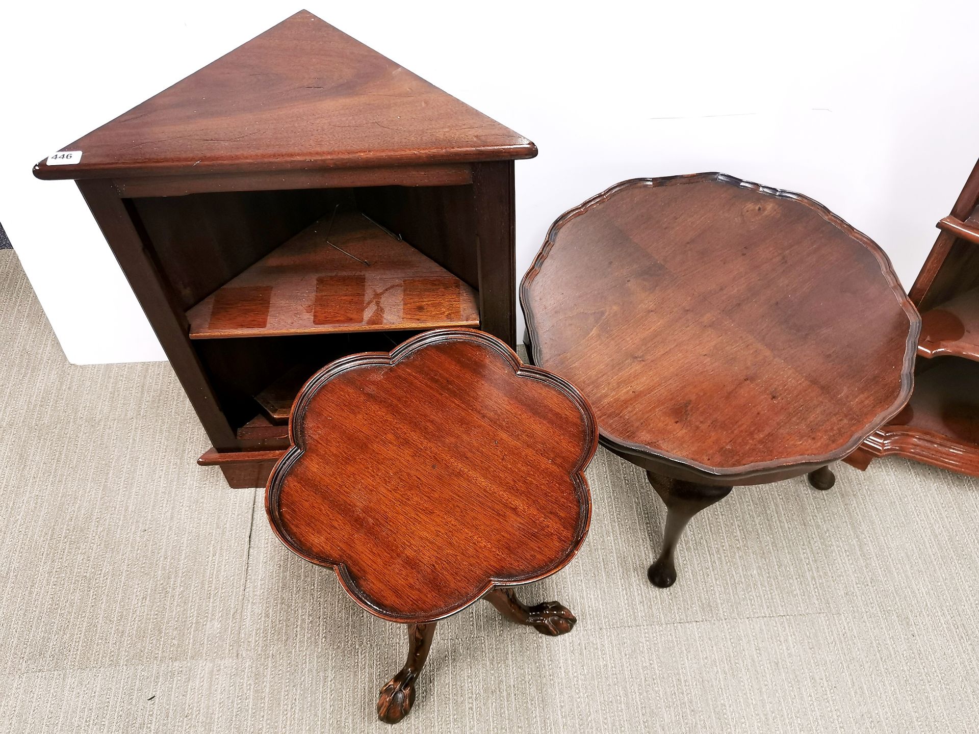 A mahogany ball and claw foot wine table, together with small side table and two corner shelves. - Image 2 of 3