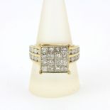 A 9ct yellow gold ring set with princess and brilliant cut diamonds, approx. 4ct overall, ring