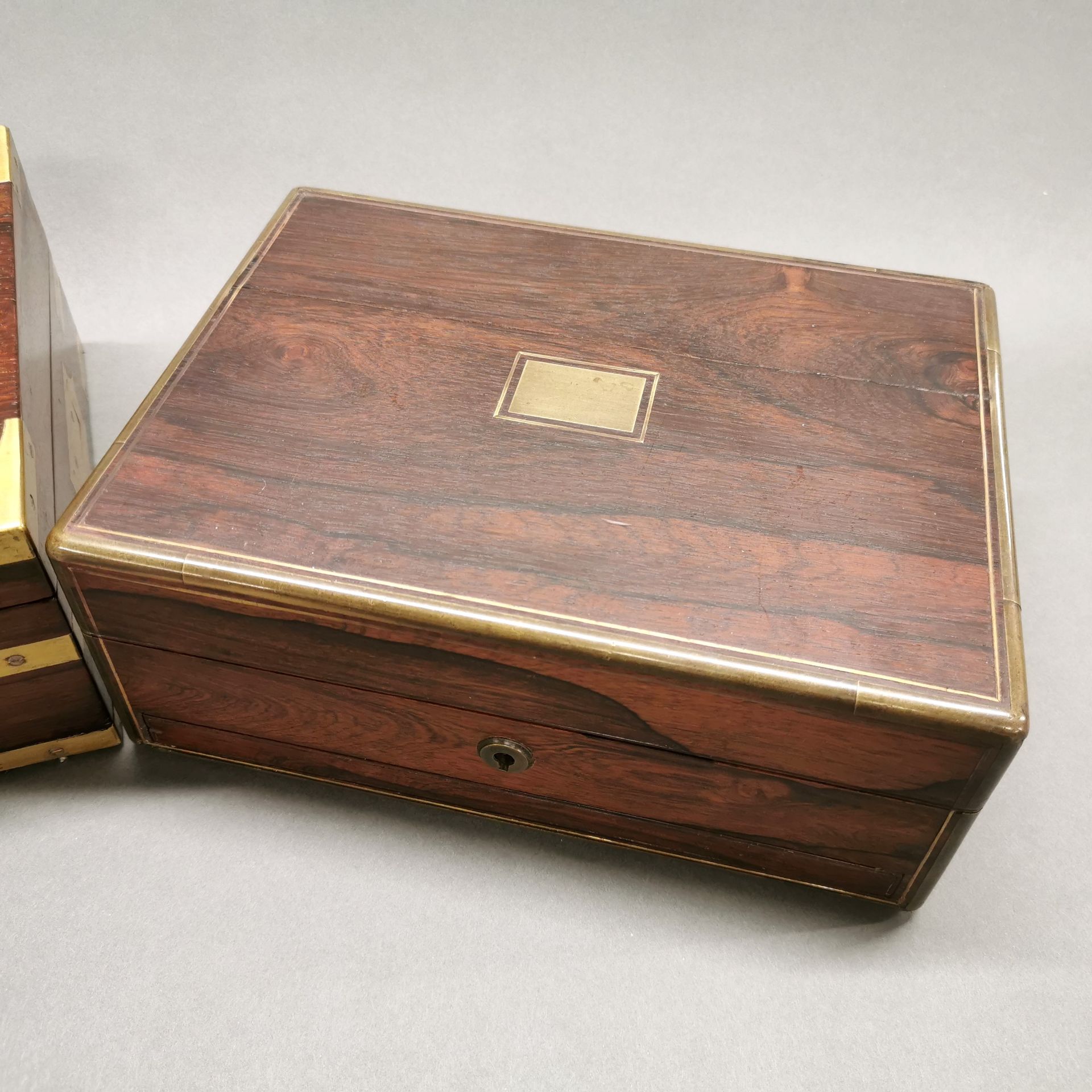 A brass bound mahogany writing slope with a 19thC brass bound rosewood veneered box with secret - Image 6 of 6