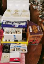 A quantity of boxed vintage china and other items, including a polished onyx tea set.
